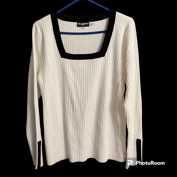 Karl Lagerfeld Sweater Wide Rib Square Neck Black Trim Button Sleeves Sz XL - Picture 4 of 6